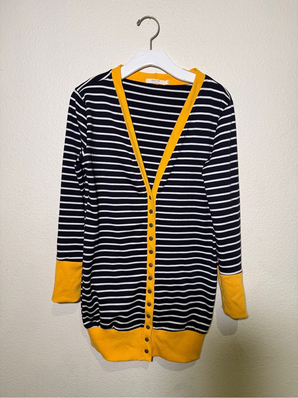 Women’s Navy Striped Cardigan with Yellow Trim